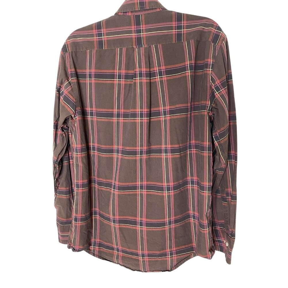 IZOD Men's M Plaid Button Down Shirt Brown Pink Yellow Navy Long Sleeve Cotton - Picture 2 of 7